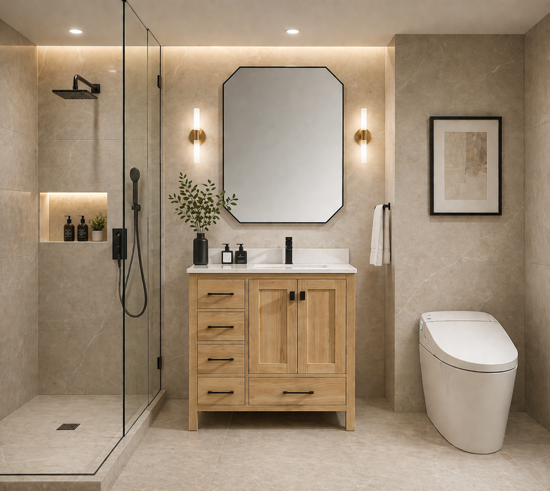 Rose- 36" Antique Oak ,Right Side Sink, Solid Wood Floor Standing Modern Bathroom Vanity, Quartz Countertop ( PRE-ORDER NOW , ETA: 2026-06-10) - Construction Commodities Supply Inc.