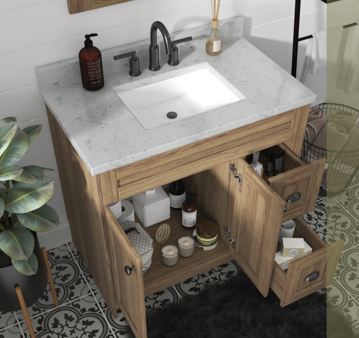 Daisy - 36" Vintage Oak Bathroom Vanity with Quartz top , Right Side drawers