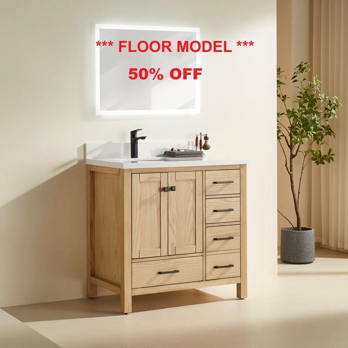 Rose- 36" Golden Oak , Solid Wood Floor Standing Modern Bathroom Vanity, White Quartz Countertop ** FLOOR MODEL **
