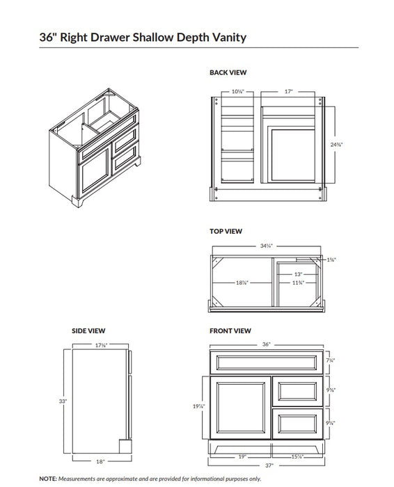 Stonewood - SHALLOW DEPTH , 36" x 18.5" Right side Drawers Solid Wood Canadian Made Bathroom Vanity With Quartz Countertop ( Available in 7 Colors )