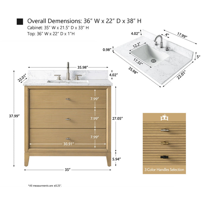 V-ART , 36" x 22" Natural Oak Freestanding Bathroom Vanity with Marble Top