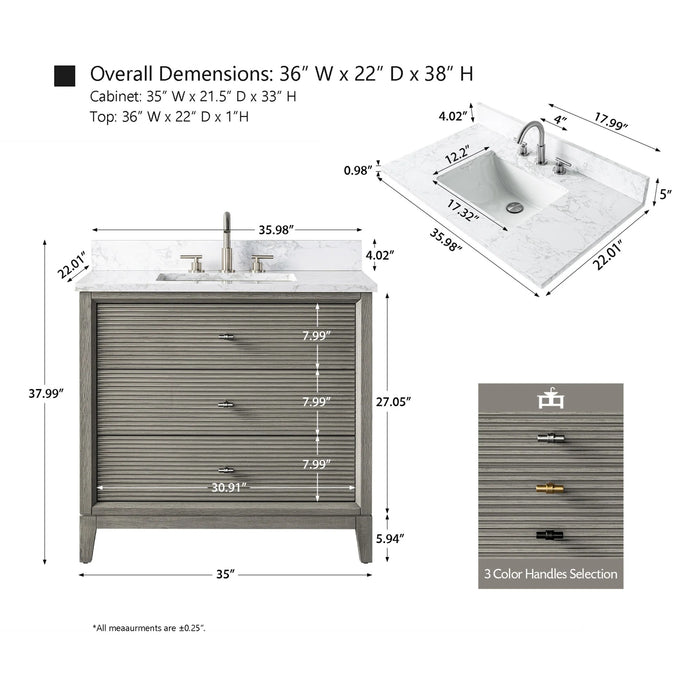 V-ART , 36" x 22" Drift Wood Grey Freestanding Bathroom Vanity with Marble Top