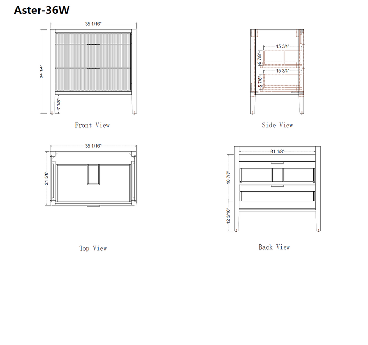 Aster - 36" White , Solid Wood Floor Standing Modern Bathroom Vanity with Quartz Top