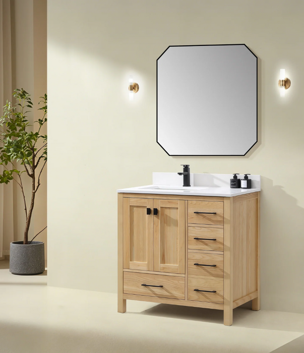 Rose- 42" Antique Oak ,Left Side Sink, Solid Wood Floor Standing Modern Bathroom Vanity, Quartz Countertop. - Construction Commodities Supply Inc.