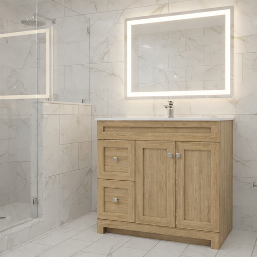 CABINETSMITH- 36" CANADIAN Bathroom Vanity With Quartz top, Left hand drawers (12 COLORS AVAILABLE ) - Construction Commodities Supply Inc.