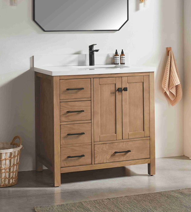 Rose- 36" Antique Oak ,Right Side Sink, Solid Wood Floor Standing Modern Bathroom Vanity, White Quartz Countertop