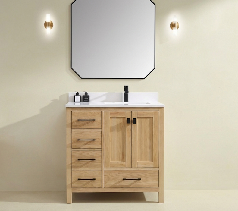 Rose- 36" Antique Oak ,Right Side Sink, Solid Wood Floor Standing Modern Bathroom Vanity, Quartz Countertop ( PRE-ORDER NOW , ETA: 2026-06-10) - Construction Commodities Supply Inc.