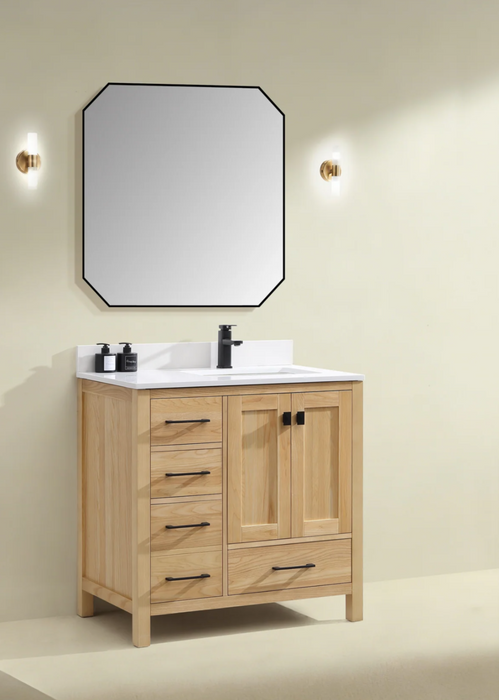 Rose- 42" Antique Oak ,Right Side Sink, Solid Wood Floor Standing Modern Bathroom Vanity, Quartz Countertop - Construction Commodities Supply Inc.