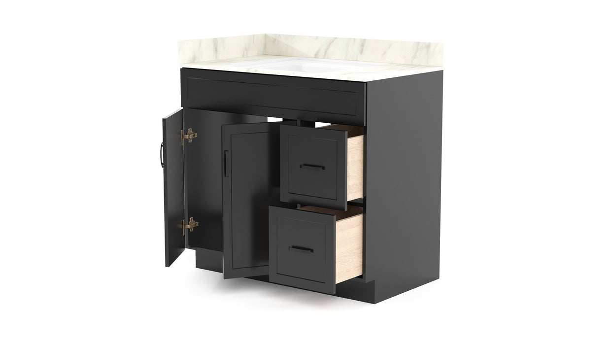 CRUSH - 36"  Narrow Shaker Bathroom Vanity (3 colors) With Quartz Countertop / Right Side Drawers