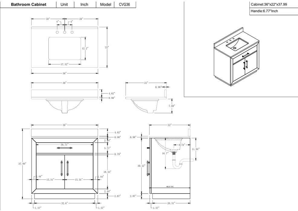 GLORIA- 36x22x34’’  Bathroom Vanity in Tan with Black Limestone Top