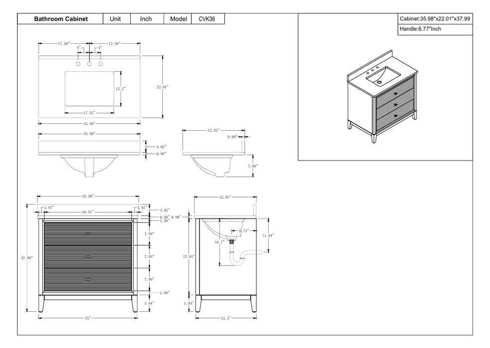 V-ART , 36" x 22" Natural Oak Freestanding Bathroom Vanity with Marble Top