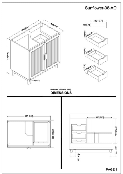Sunflower- 36" Antique Oak , Solid Wood Floor Standing Modern Bathroom Vanity, Quartz Countertop