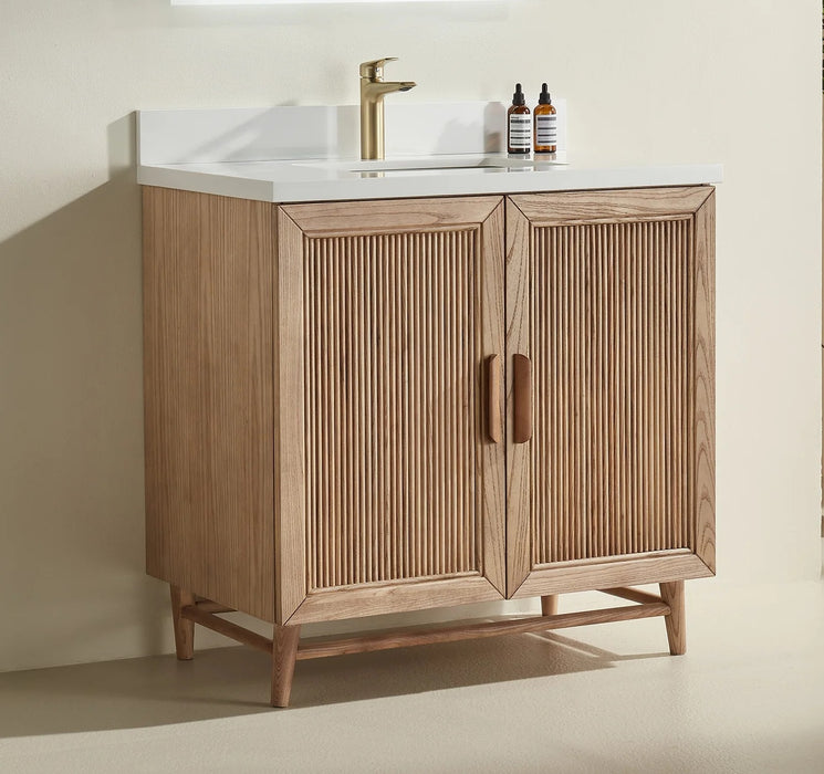 Sunflower- 36" Antique Oak , Solid Wood Floor Standing Modern Bathroom Vanity, Quartz Countertop