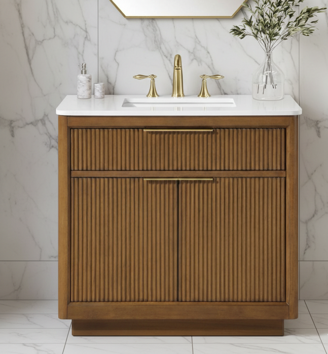 XANDER - 36"  WALNUT Solid Wood Bathroom Vanity with White White Quartz top - Construction Commodities Supply Inc.