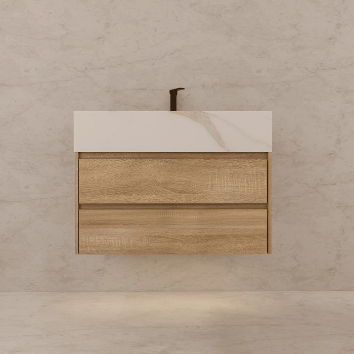 AQUA-32" LIGHT OAK Wall Mount Vanity with Sintered Stone Top - Construction Commodities Supply Inc.