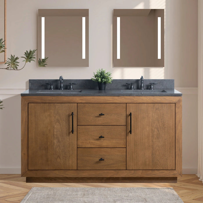 GLORIA- 60x22x34’’ Double Sink Bathroom Vanity in Tan with Black Limestone Top