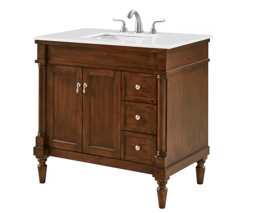 MODORA- 36" Walnut , Floor Standing Bathroom Vanity, Quartz Countertop