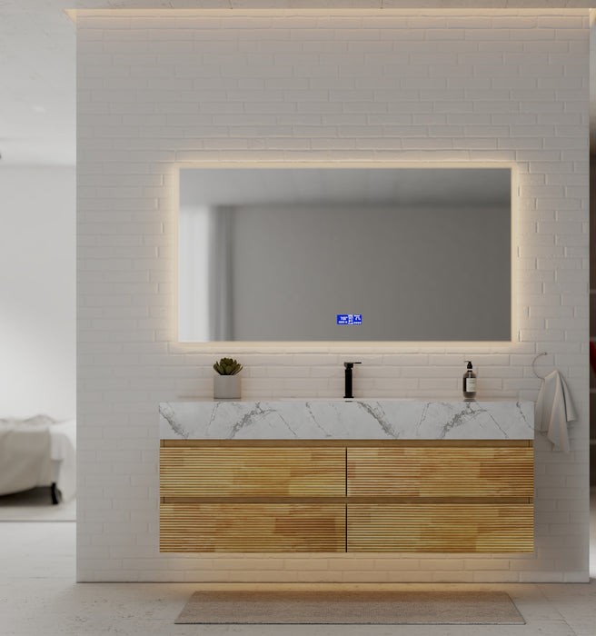 AQUA - 60" Single sink Natural Oak Wall Mount Vanity with Sintered Stone Top