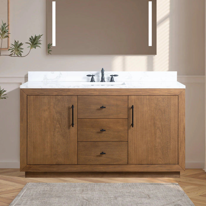 GLORIA- 60x22x34’’ Single Sink Bathroom Vanity in Tan with Arabescato White Top
