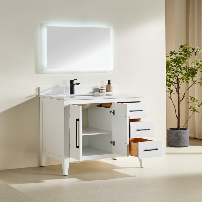 CCS901 - 42" White ,Right Side Drawers, Floor Standing Modern Bathroom Vanity, Quartz Countertop, Matt Black Hardware