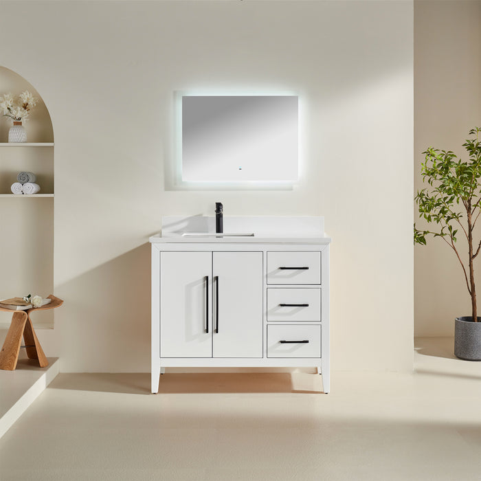 CCS901 - 42" White ,Right Side Drawers, Floor Standing Modern Bathroom Vanity, Quartz Countertop, Matt Black Hardware