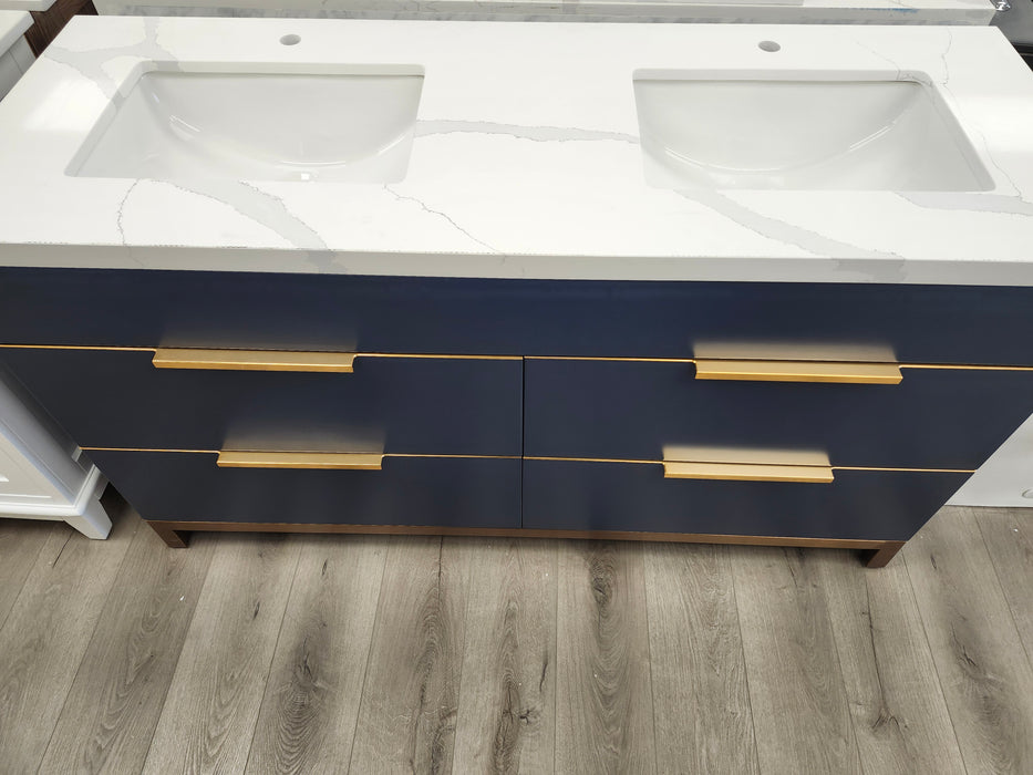 CCS401 - 60" NAVY BLUE , Double Sink,Floor Standing Modern Bathroom Vanity, Calcatta Quartz Countertop, Brushed Bronze Hardware "" FLOOR MODEL/PICK UP IN STORE ""