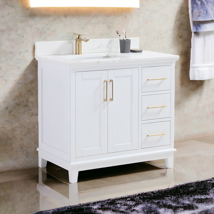 CCS501 - 42" White, Floor Standing Modern Bathroom Vanity, Calcatta Quartz Countertop