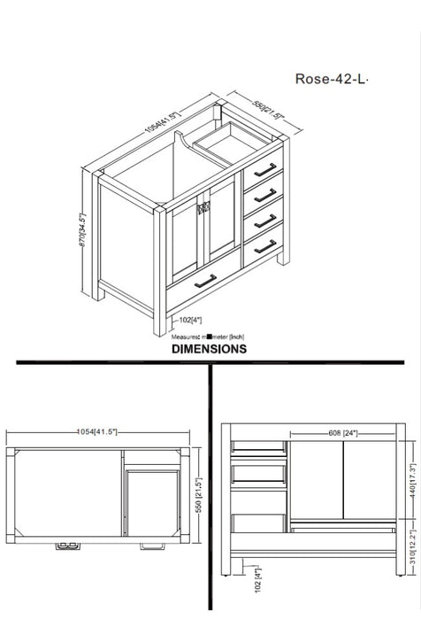 ROSE - 42" White, Left side Sink, Floor Standing Modern Bathroom Vanity , WHITE Quartz Countertop