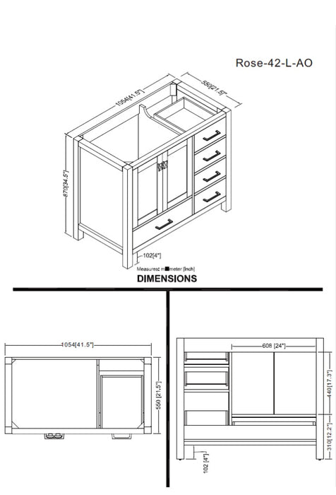 Rose- 42" Antique Oak ,Left Side Sink, Solid Wood Floor Standing Modern Bathroom Vanity, Quartz Countertop. - Construction Commodities Supply Inc.