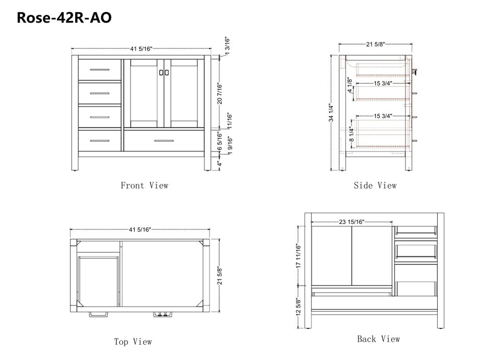Rose- 42" Antique Oak ,Right Side Sink, Solid Wood Floor Standing Modern Bathroom Vanity, White Quartz Countertop