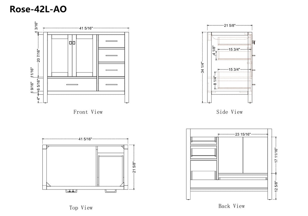 Rose- 42" Antique Oak ,Left Side Sink, Solid Wood Floor Standing Modern Bathroom Vanity, White Quartz Countertop