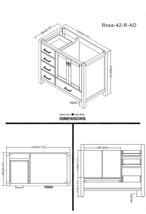 Rose- 42" Antique Oak ,Right Side Sink, Solid Wood Floor Standing Modern Bathroom Vanity, Quartz Countertop - Construction Commodities Supply Inc.