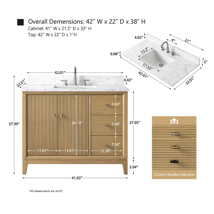 V-ART , 42" x 22" Natural Oak Freestanding Bathroom Vanity with Marble Top