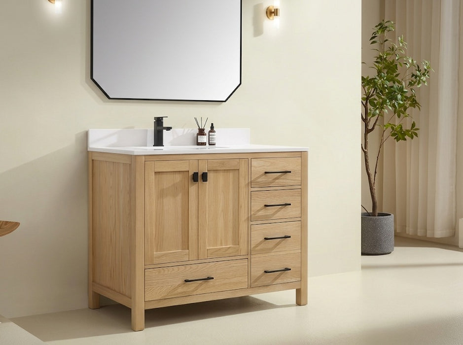 Rose- 42" Antique Oak ,Left Side Sink, Solid Wood Floor Standing Modern Bathroom Vanity, Quartz Countertop. - Construction Commodities Supply Inc.