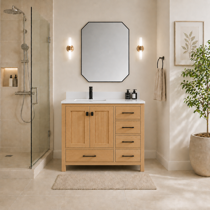 Rose- 42" Natural Oak ,Left Side Sink, Solid Wood Floor Standing Modern Bathroom Vanity, Quartz Countertop.