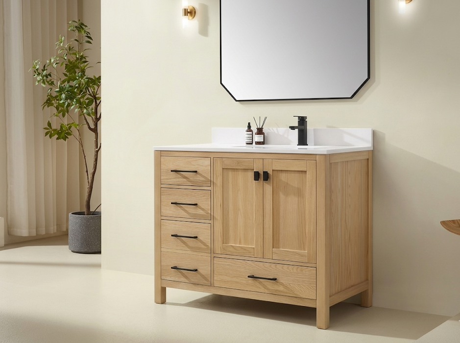 Rose- 42" Antique Oak ,Right Side Sink, Solid Wood Floor Standing Modern Bathroom Vanity, Quartz Countertop - Construction Commodities Supply Inc.