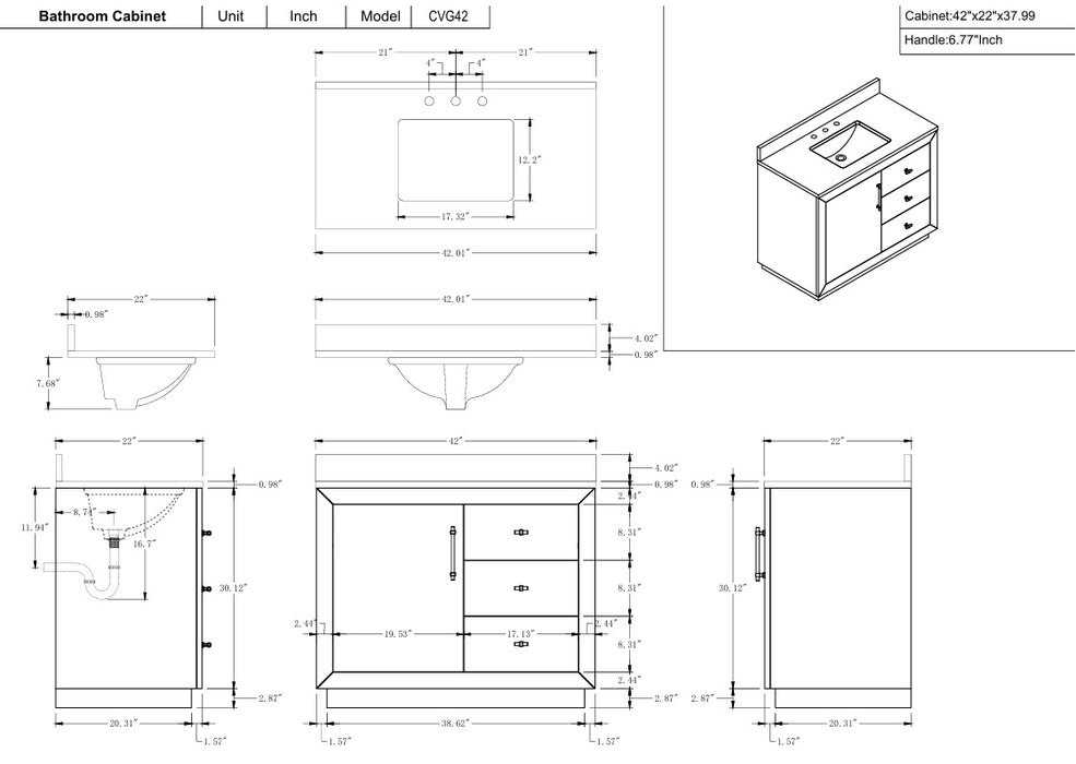 GLORIA- 42x22x34’’  Bathroom Vanity in Tan with Arabescato White Top