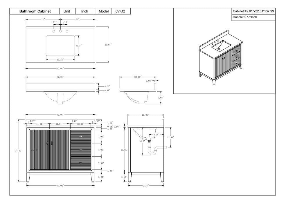 V-ART , 42" x 22" Natural Oak Freestanding Bathroom Vanity with Marble Top