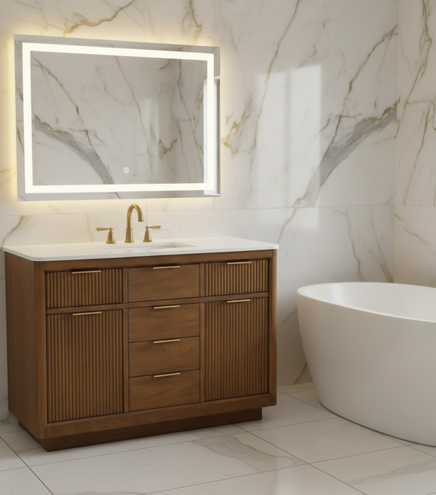 XANDER  - 48"  WALNUT Solid Wood Bathroom Vanity with White Quartz top - Construction Commodities Supply Inc.