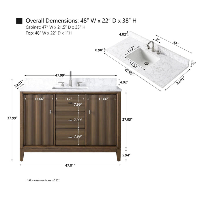 V-ART , 48" x 22" Walnut Freestanding Bathroom Vanity with Marble Top