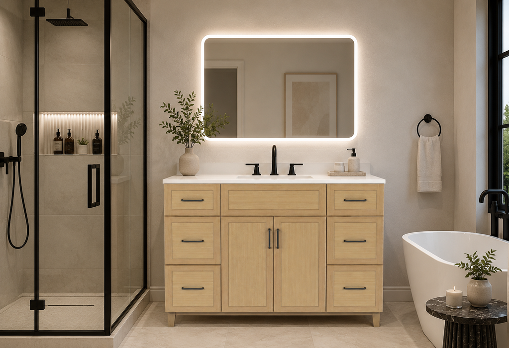 CLASSIC 54 Inch Bathroom Vanity, Canadian Made Natural Oak with Quartz Countertop, 6 Drawers