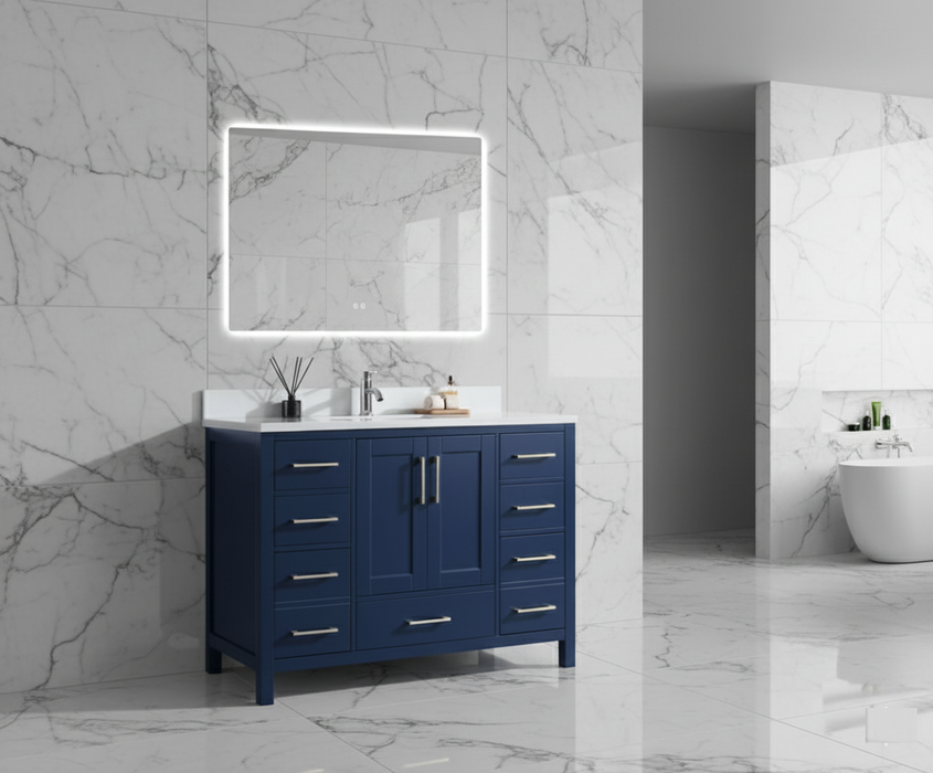 Rose- 48" Navy Blue, Solid Wood Floor Standing Bathroom Vanity , Quartz  Countertop - Construction Commodities Supply Inc.
