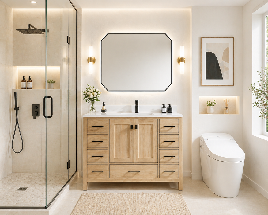 Rose - 48", Antique Oak, Floor Standing Modern Bathroom Vanity, Quartz Countertop ( PRE-ORDER NOW , ETA: 2026-06-10) - Construction Commodities Supply Inc.