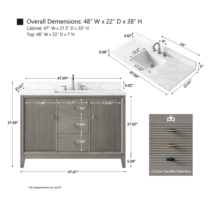 V-ART , 48" x 22" Drift Wood Grey Freestanding Bathroom Vanity with Marble Top