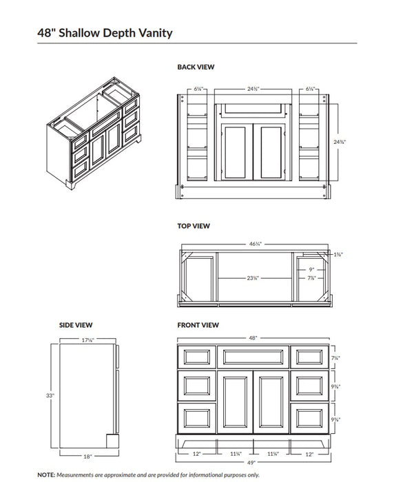 Stonewood - SHALLOW DEPTH , 48" x 18.5"  Solid Wood Canadian Made Bathroom Vanity With Quartz Countertop ( Available in 7 Colors )