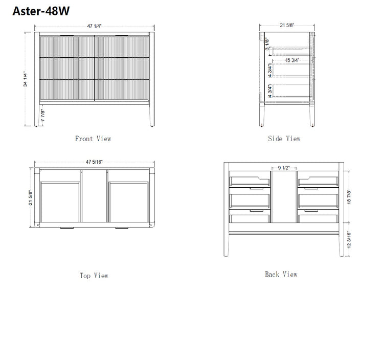 Aster - 48" White , Solid Wood Floor Standing Modern Bathroom Vanity with Quartz Top