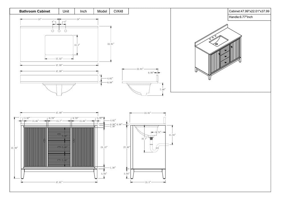 V-ART , 48" x 22" Walnut Freestanding Bathroom Vanity with Marble Top