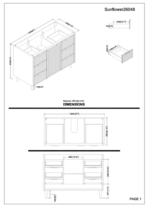 Sunflower - 48" Antique Oak , Solid Wood Floor Standing Bathroom Vanity, Quartz Countertop