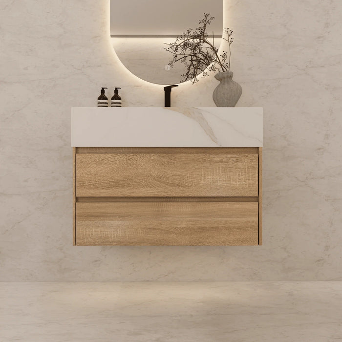 AQUA-36" LIGHT OAK Wall Mount Vanity with Sintered Stone Top - Construction Commodities Supply Inc.