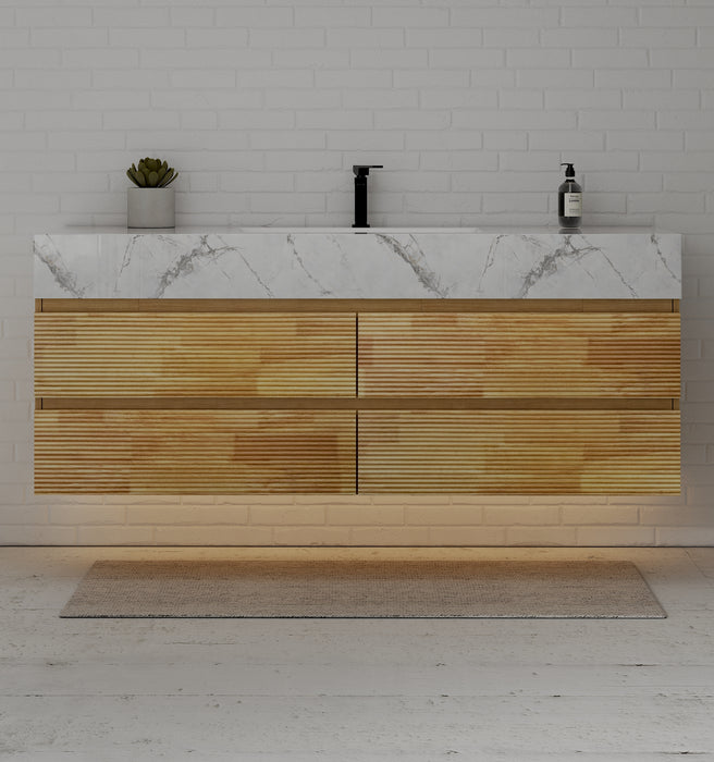 AQUA - 60" Single sink Natural Oak Wall Mount Vanity with Sintered Stone Top